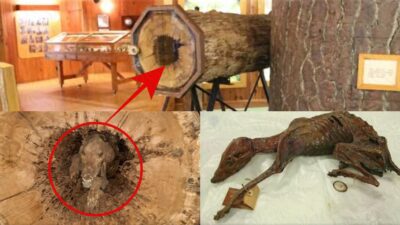 The mummy dog that has been trapped in a tree for more than 50 years was discovered inside the tree trunk