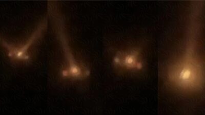 UFO with 3 orange beam balls reported erratically yesterday