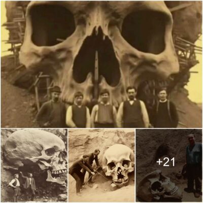 Archaeologists Enjoy Posing In Front Of A Giant Skull Found In 1838